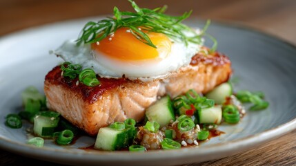 This beautifully plated dish features a succulent salmon fillet topped with a perfectly cooked egg and garnished with fresh green onions and crunchy cucumbers, offering a gourmet experience.