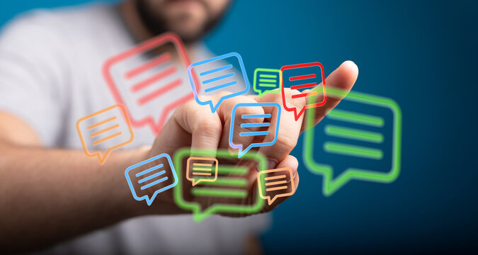 Person touching holographic message icons. Modern communication technology concept for social media and digital connection. High quality stock p