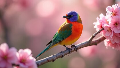 Obraz premium Bird sits on a blossom tree branch. Avian animal features vibrant rainbow plumage. Bright feathered bird rests among pink spring flowers in nature. Wildlife fauna on floral tree branch in garden.