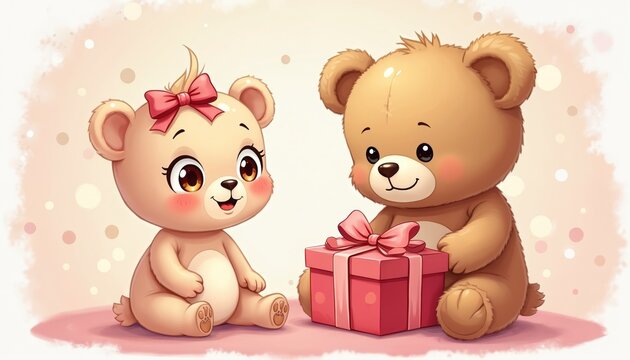 Cute teddy bears celebrate baby shower. One bear offers pink gift box. Female bear wears bow. Gentle polka dot background soft colors evoke warmth happiness for new child.