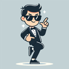 Flat Illustration of Man in Black Suit and Sunglasses Pointing Upward on Gray Background
