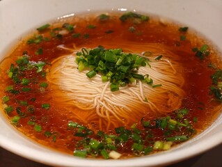 Chinese noodles in broth topped with chopped scallion in bowl