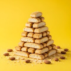 Delicious golden almond cookies stacked high in a pyramid shape on yellow background