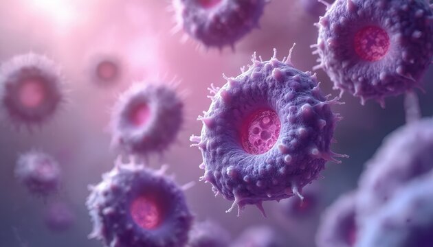 Microscopic view of abnormal purple cells with irregular surfaces, bright pink nuclei. Pathogenic cellular structures represent multiple myeloma blood cancer. Visual aids medical science research,