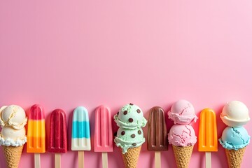 Colorful assortment of ice cream cones and popsicles on pink background