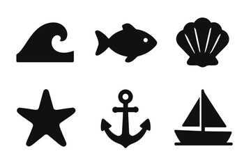Obraz premium Black silhouette icons of ocean life and nautical symbols with wave, fish, and boat