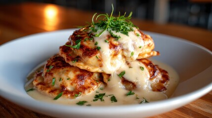 Three golden brown pierogi stacked high, drizzled with a rich creamy sauce and garnished with fresh herbs, offering a warm, comforting culinary experience.