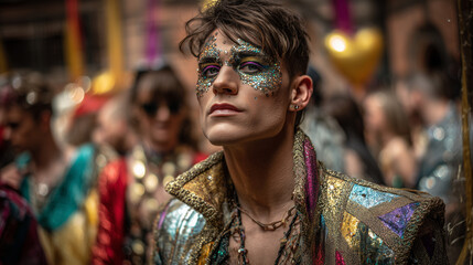 Transgender Carnival Performer with Glitter Makeup in Brazil.