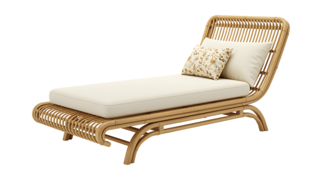 Wicker daybed with white cushions presented on transparent background