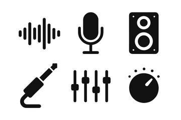 Black audio equipment icons: microphone, speaker, sound wave, cable, mixer, knob