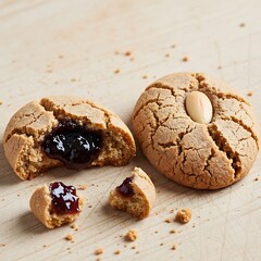 Delicious almond date cookies scattered on a light wooden surface with a bite taken out
