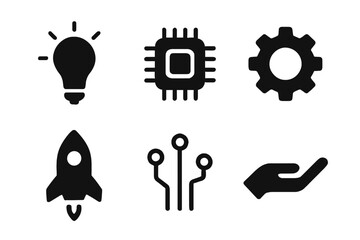 Technology icons: lightbulb, microchip, gear, rocket, circuit, hand