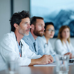 Fototapeta premium Medical professionals at a conference table. Focused doctors and staff listen intently. Teamwork, healthcare, collaboration, or training concept. Corporate scene.