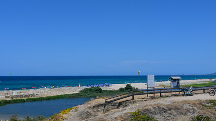 The mouth of the Coghinas river, Sardinia, municipality of Valledoria, in the Gulf of Asinara. Protected area, natural habitats of animals, birds, fish and plant species. Sardegna, Italy