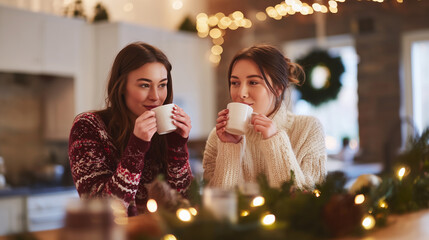 Two happy female friends drinking hot cocoa or coffee in cozy decorated kitchen on christmas morning winter holiday breakfast.