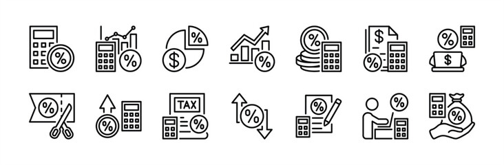 Tax calculation icon set. Financial document, count money, form, reports, payment, data analysis, income, amnesty, discount, currency, salary, chart up, accounting, refund - vector illustration