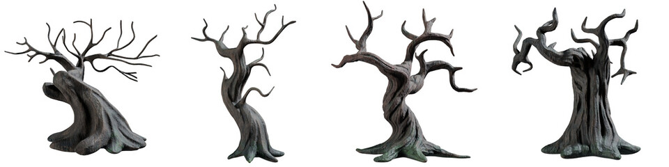 Unique Sculptural Trees Crafted in Dark Materials With Twisted Branches and Textured Surfaces