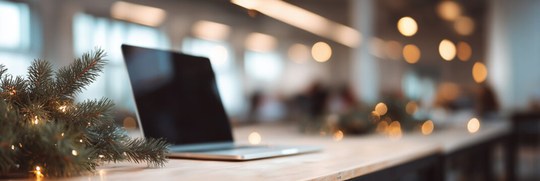 Close up of  laptop on wooden office desk decorated with pine branches and christmas bokeh lights winter work holiday.