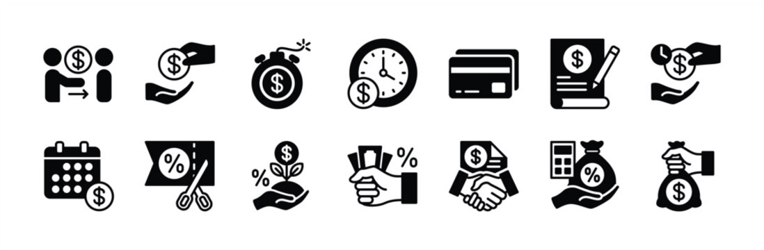 Credit card icon set. Contains loan, deadline, financing, calculation, lender, time limit, money contract agreement, timetable, refund calendar schedule, interest fund reduction - vector illustration