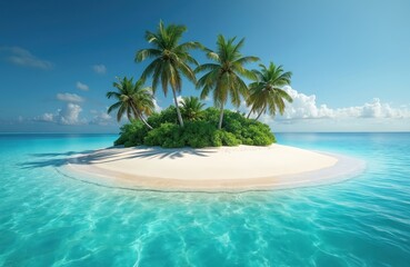 Obraz premium Small tropical island with white sand beach, many palm trees stands in clear turquoise ocean water. Blue sky with clouds over pristine eco paradise scene. Perfect summer vacation travel destination