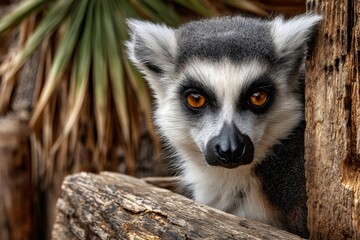 Obraz premium Ring tailed lemur observing from behind tree trunk