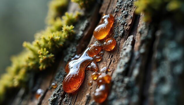 Golden amber resin drops flow on aged tree bark with green moss growing nearby. Natural oozes from textured wood surface. Macro close-up captures wild forest life, organic flora, beautiful plant
