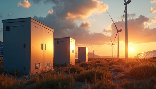 Smart battery storage unit near wind turbines and solar panels at sunset. It is future eco tech for clean power, smart grid solutions, alternative energy source and sustainable development. - Powered by Adobe