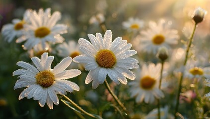 Obraz premium Delicate daisies glisten with morning dew, bringing a touch of serene beauty and natural freshness to your designs and adding a gentle, calming aesthetic