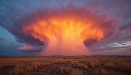 Dramatic sky displays vibrant rainbow cloud formation over expansive prairie landscape. Intense orange, purple hues dominate sunset scene creating breathtaking panorama. Natural weather phenomenon