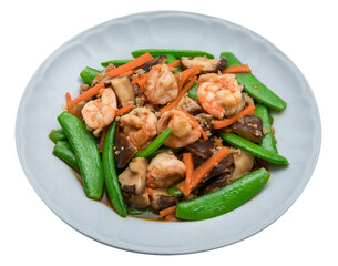 Stir-Fried Mixed Vegetables with Fresh Shiitake Mushrooms, Snow Peas, and Carrots in Oyster Sauce with Shrimp and Minced Pork Isolated on Transparent Background