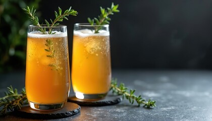 Fototapeta premium Two tall glasses of refreshing golden bubbly drink with fresh herb garnish sit on dark stone coasters. Carbonated beverage shows small bubbles, suggesting kombucha craft mocktail. Studio shot with