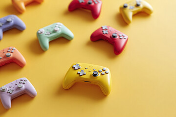 A vibrant flat lay featuring colorful game controllers on a yellow background. Represents gaming, fun, technology, and leisure. Ideal for ads, blogs, or social media.