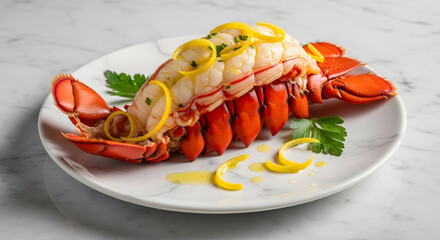 Delicious lobster dish with lemon slices and parsley on a white plate.