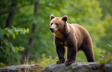 Obraz premium Young bear stands on rock in forest. Brown mammal looks alert. Wild animal pauses on mossy stones. Green trees form natural backdrop. Focus on powerful predator in its habitat.