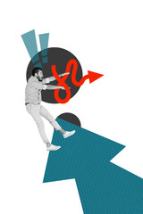 Vertical photo collage of shocked businessman exclamation mark arrow development concept job progress isolated on painted background