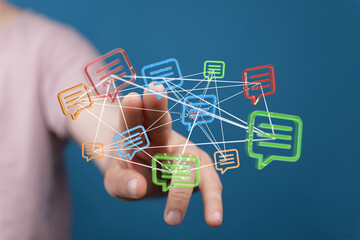 Digital connections and communication through messaging networks.  Concept of social media, data sharing, and virtual interaction.