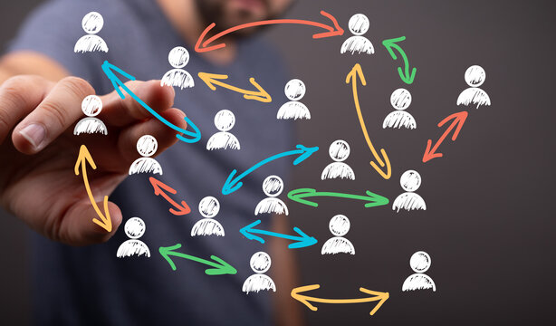 Hand drawing network diagram.  Teamwork, collaboration, connection, communication, strategy, growth, success.