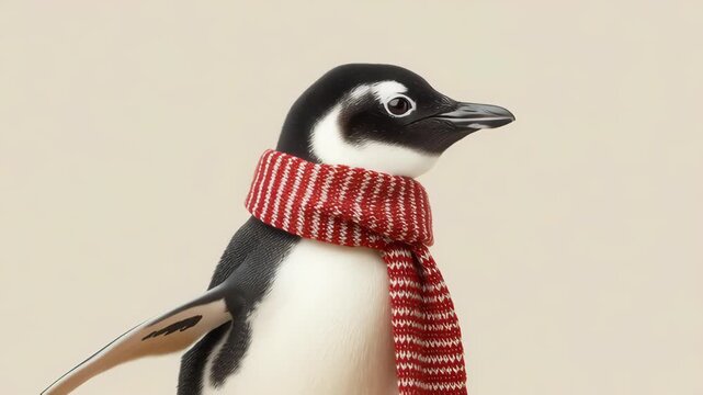 Adorable penguin wearing red knitted scarf and red striped scarf celebrates Christmas decorations cozy winter holiday portrait with festive animal