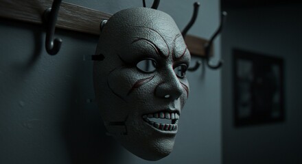 Sinister Mask Hanging on Hooks in Dark Room.