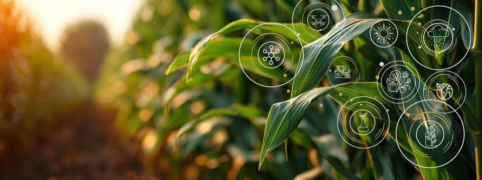 Corn in a field with icons in the background