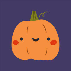 Cute and funny pumpkin isolated on a purple background. Vector hand-drawn illustration in a flat style. Kawaii character. Perfect for cards, decorations, logo and Halloween designs.