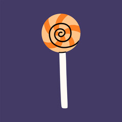 Halloween lollipop on a purple background. Vector hand-drawn illustration in a flat style. Perfect for cards, decorations, logo and holiday designs.