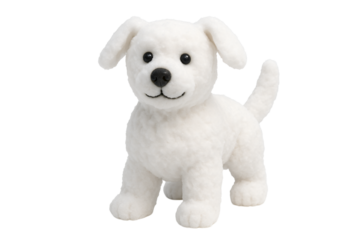 White plush puppy on white background. Toy. Cuteness. Childhood.