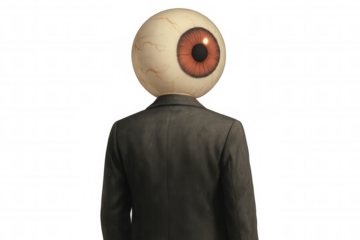 Person with large eyeball for head wearing suit jacket, symbolizing surveillance, big data, anonymity, and watchfulness