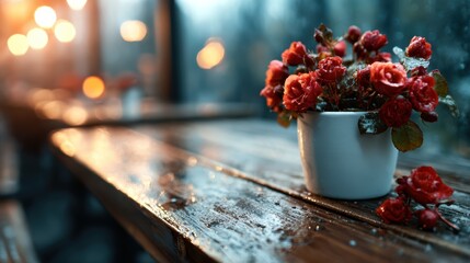 A beautiful potted rose arrangement on a wooden table, glistening with raindrops under soft light, creating a serene and cozy atmosphere perfect for reflection.