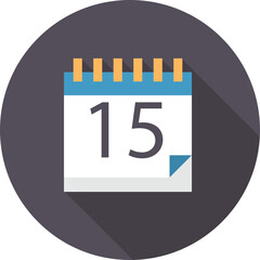 Flat Design Calendar Icon with Page Showing Number 15 and Long Shadow on Dark Circular Background Representing Date and Planning