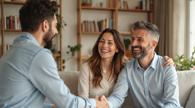 Happy couple meets financial advisor at home. Shake hands, smiling, making deal, agreement. Man, woman get expert advice on finance, insurance, property, investment. Consultant helps clients with