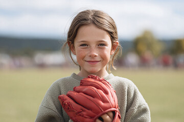 Smiling young girl holding a baseball glove, freckles dotting her face. Represents childhood, innocence, sports, and outdoor activities. Perfect for family, health, and active lifestyle themes.