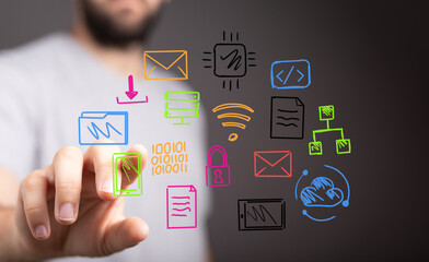 Hand interacting with digital icons,technology, network, data, connection, communication, cloud, security, internet.