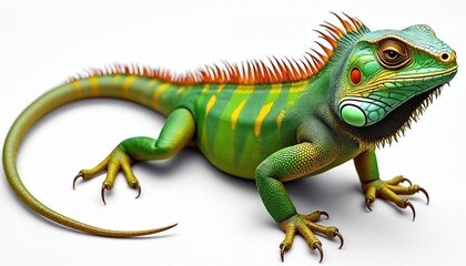 Obraz premium Detailed green iguana illustration isolated on white background. Exotic reptile drawing shows scaly skin, sharp claws, long tail. Wild colorful lizard tropical animal. Study of creature wildlife
